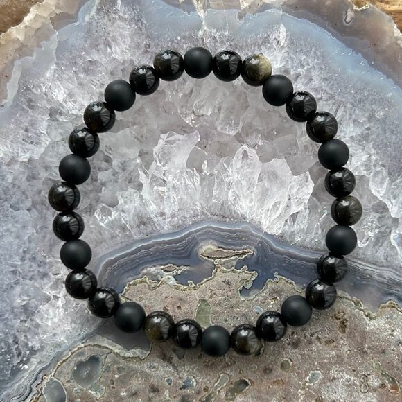Tourmaline, Golden Sheen Obsidian, Black Agate Gemstone Bracelet - Triple Energy - Picture 1 of 1